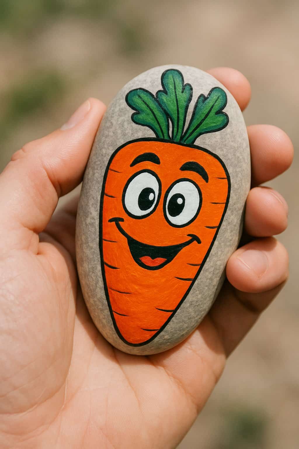 A hand holding a smooth river rock painted to look like a smiling carrot with green leaves.