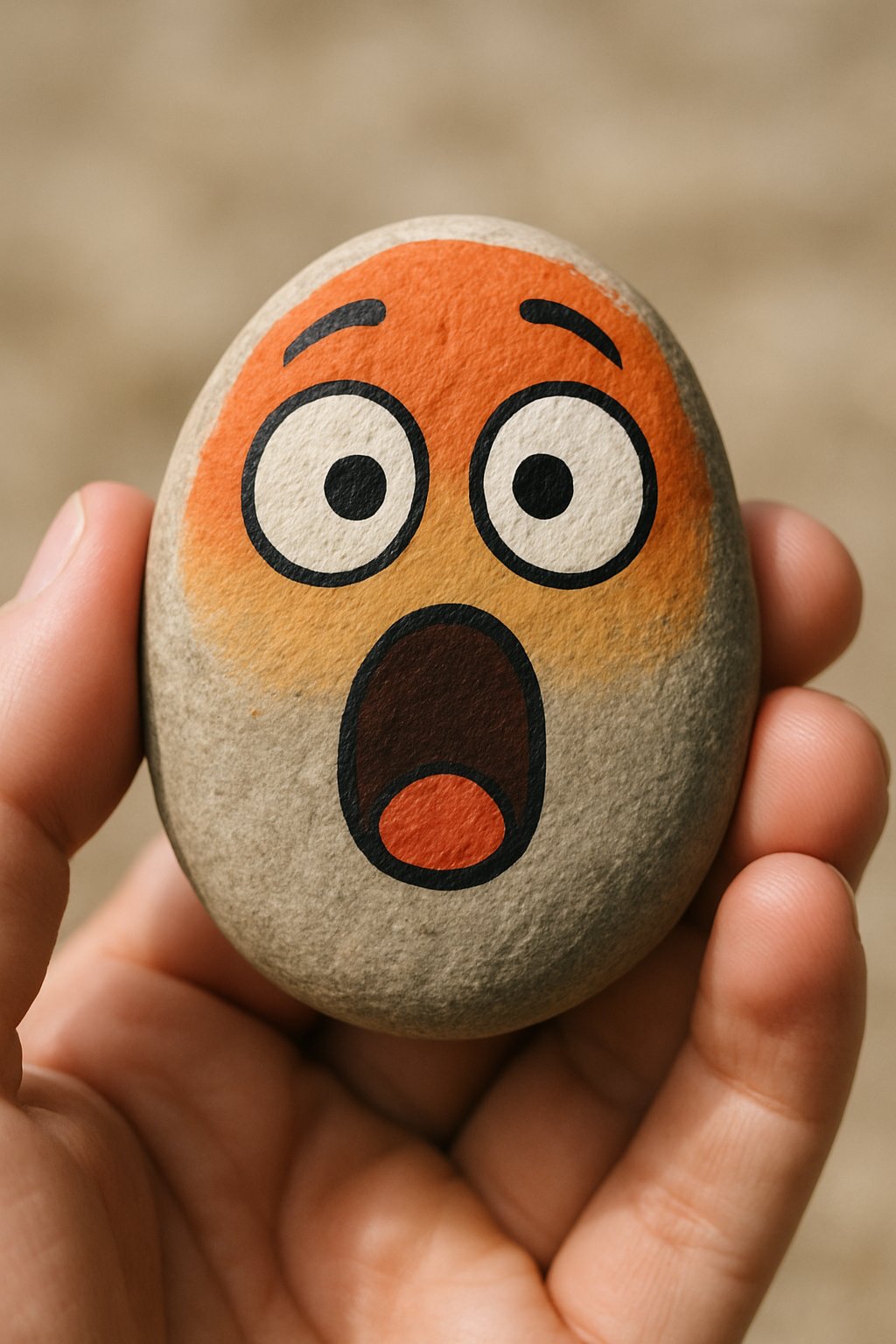 A hand holding a smooth river rock painted with a surprised face.