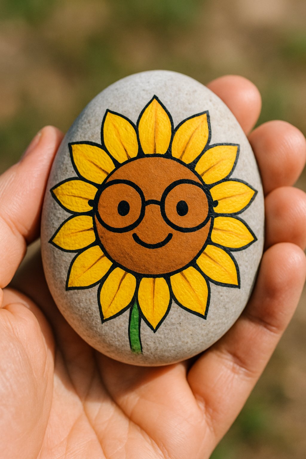 A hand holding a smooth river rock painted with a smiling sunflower wearing glasses.
