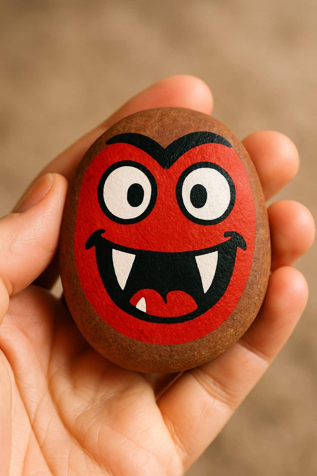 A hand holding a smooth river rock painted with cartoon vampire teeth.