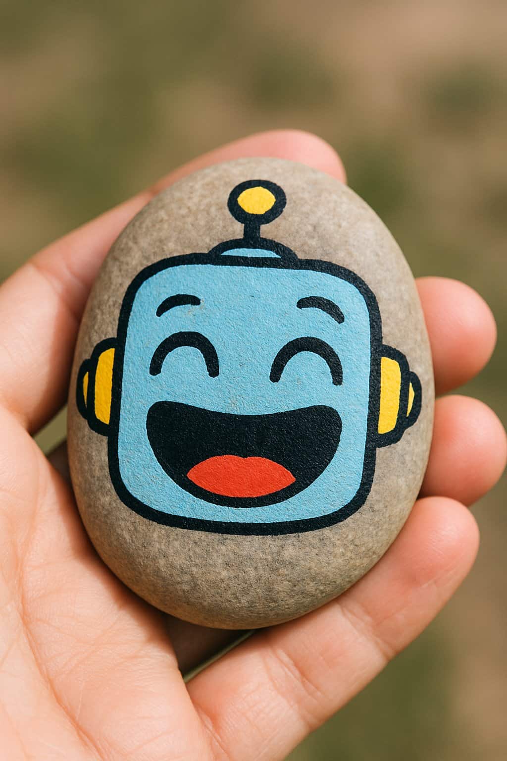 A hand holding a smooth river rock painted with a laughing robot face.