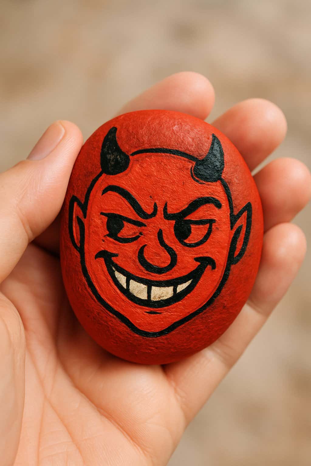 A hand holding a smooth river rock painted with a cheeky devil smile.