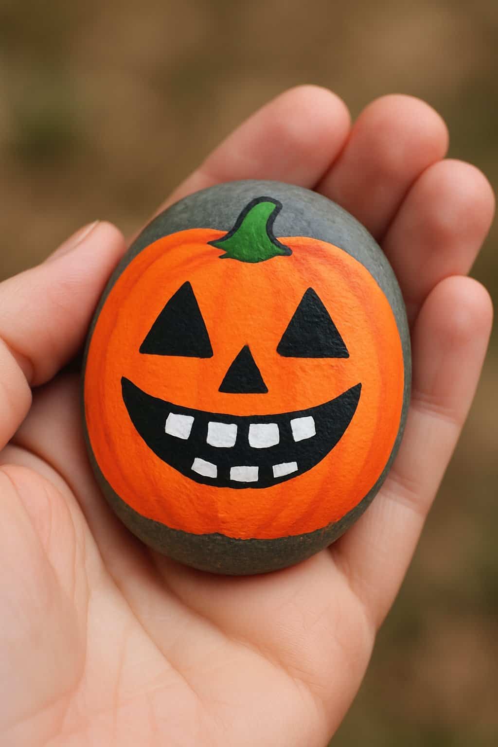 A hand holding a smooth river rock painted as a grinning pumpkin with a wide smile and triangular eyes.