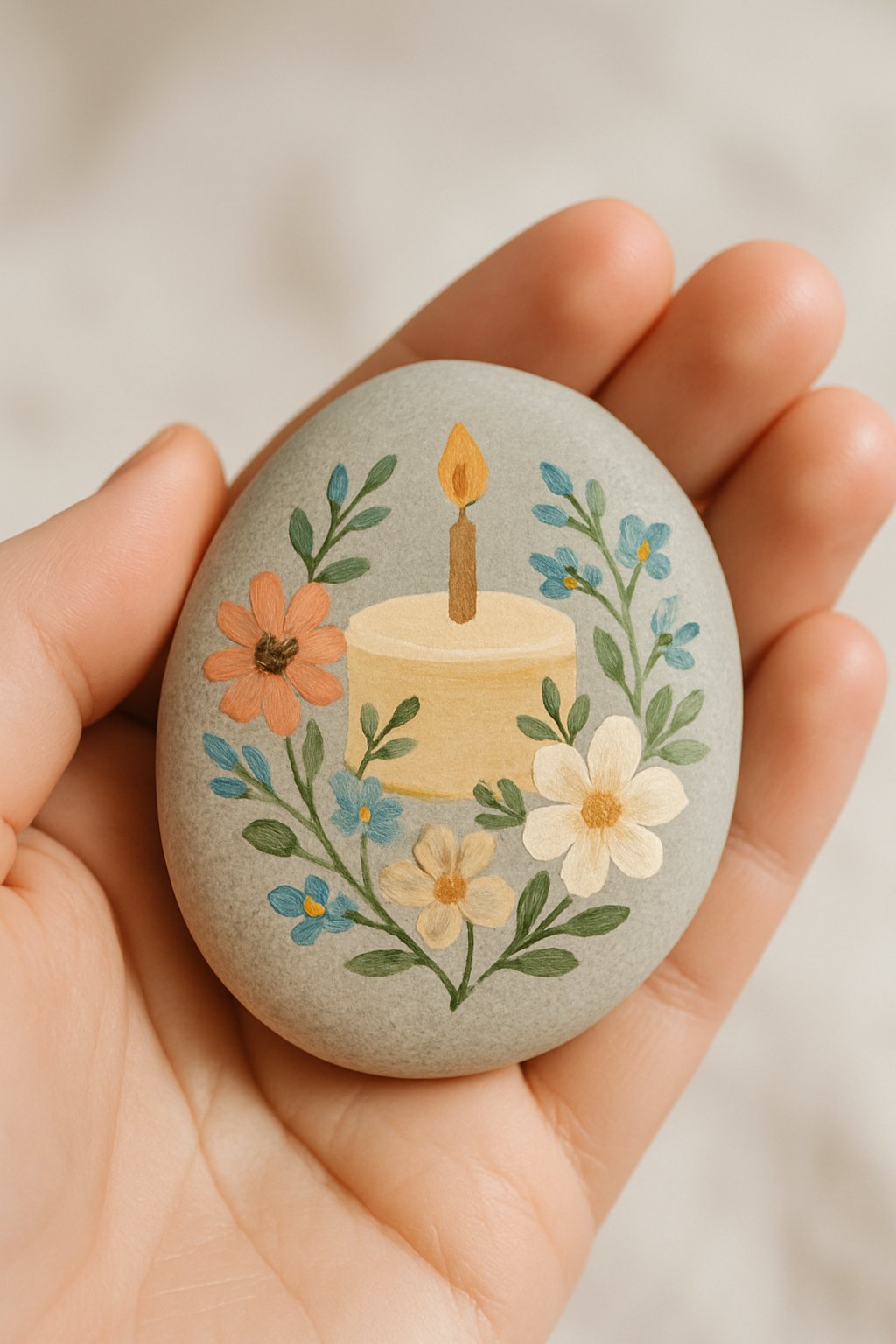 A hand holding a smooth river rock painted with flowers.