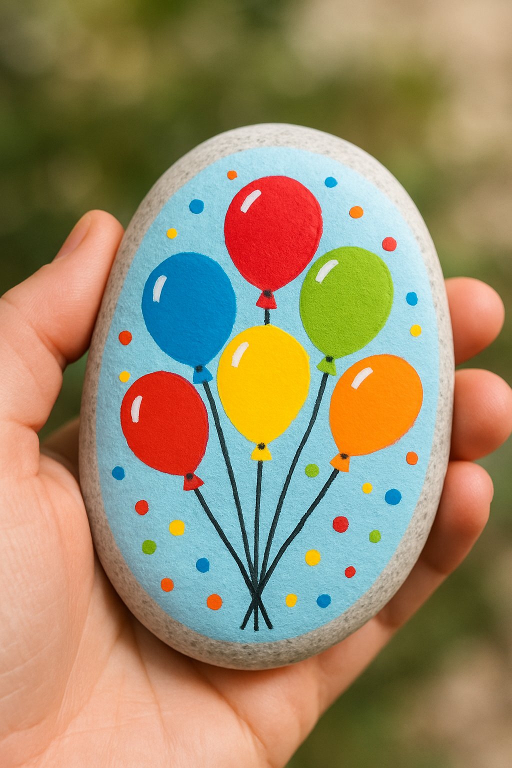A hand holding a smooth river rock painted with colorful balloons and confetti.