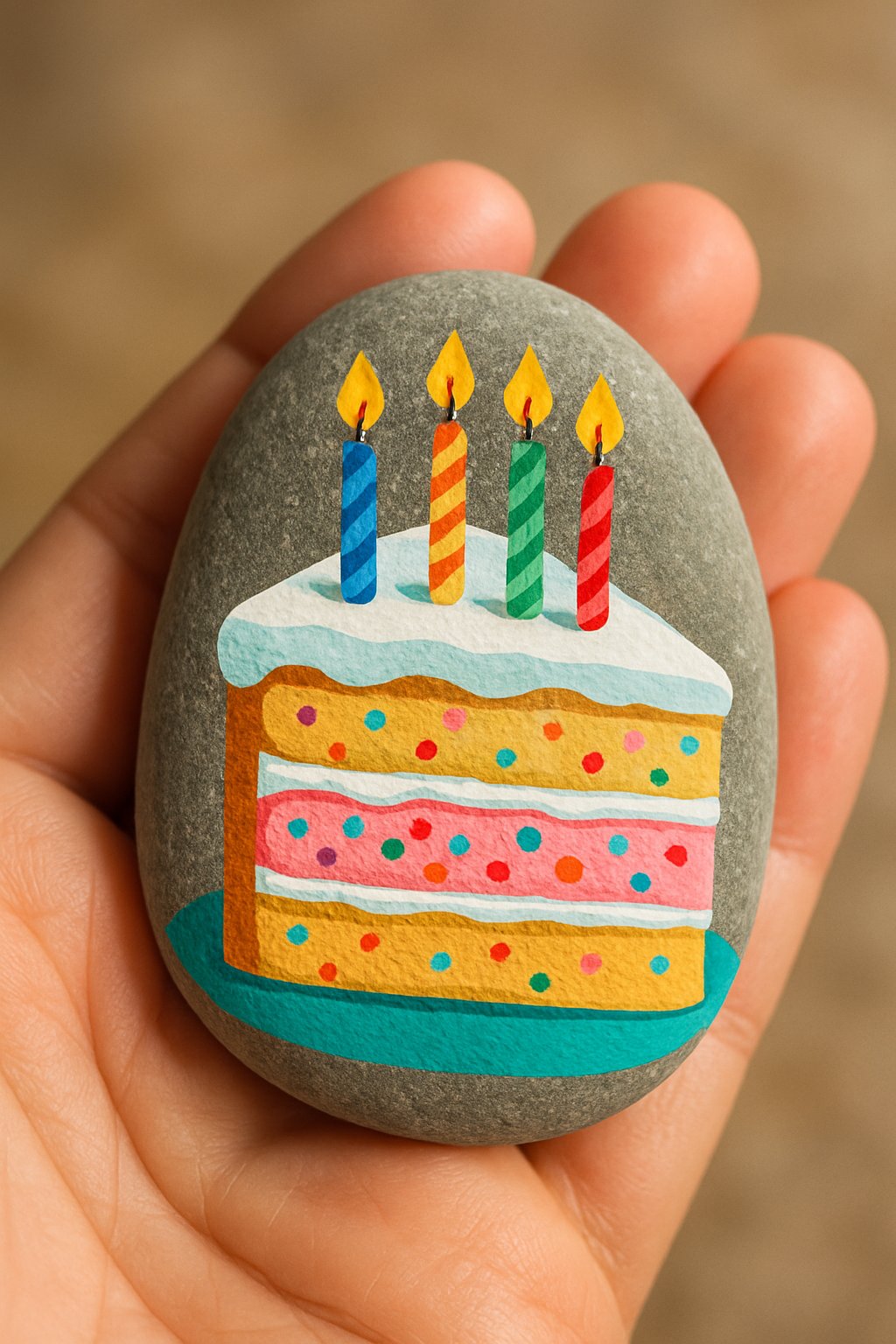 A hand holding a smooth river rock painted to look like a birthday cake slice with candles.