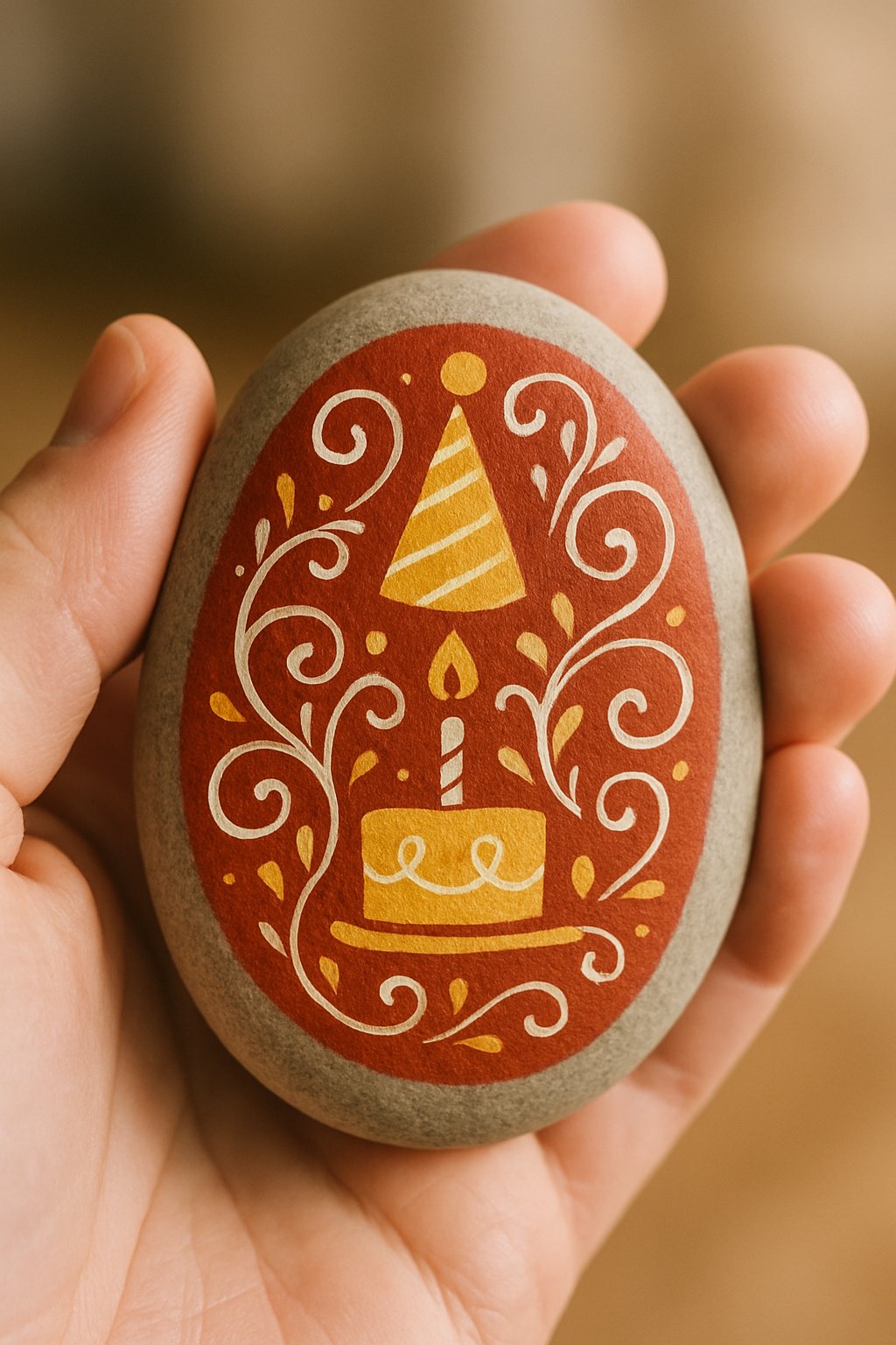 A hand holding a smooth painted river rock with a decorative design.