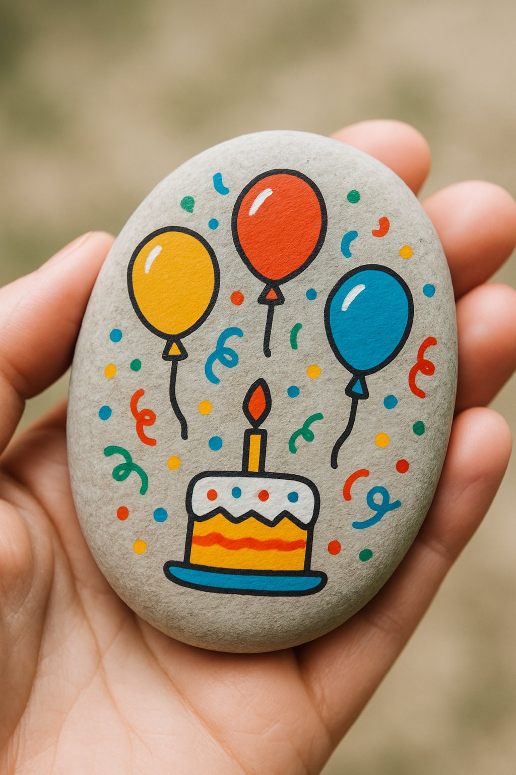 A hand holding a smooth river rock painted with colorful birthday-themed designs.