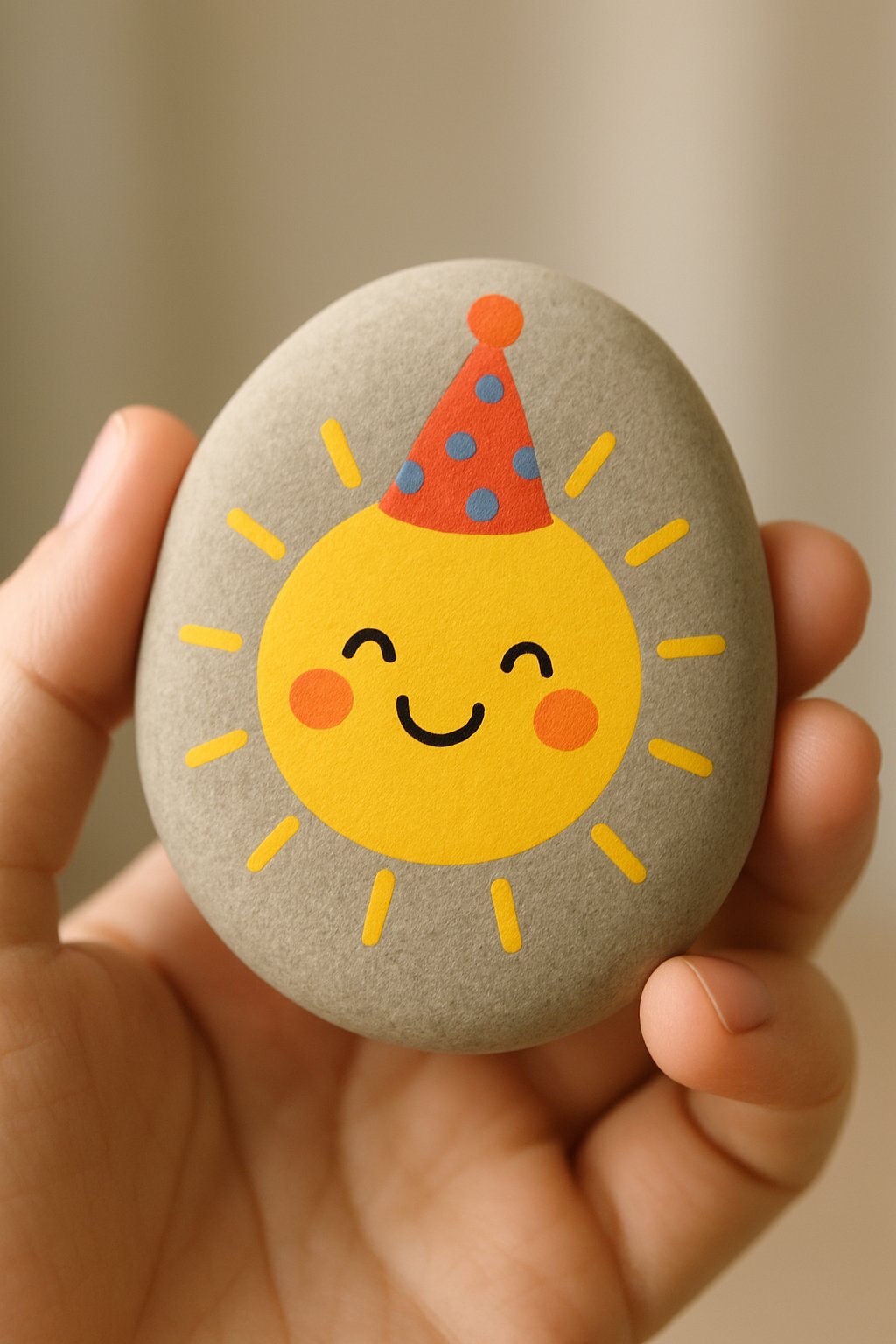 Hand holding a smooth river rock painted with a smiling sun design.
