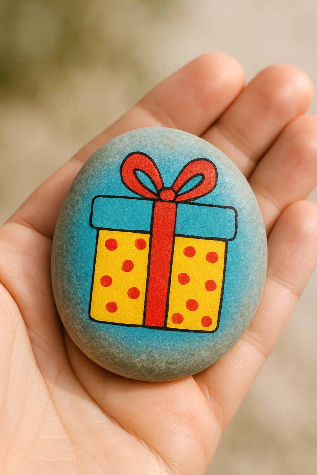 A hand holding a smooth river rock painted with a birthday gift box and ribbon design.