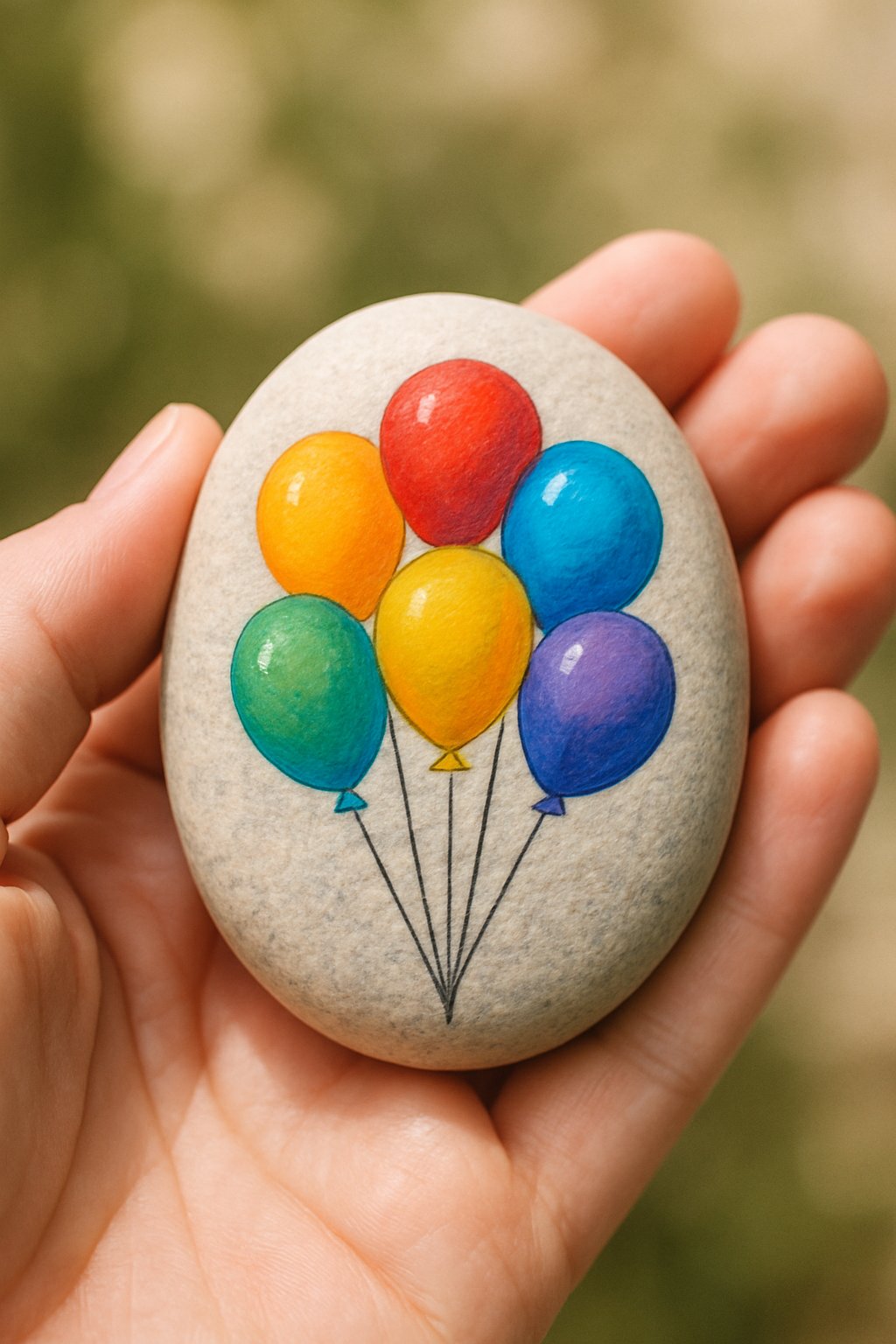 A hand holding a smooth river rock painted with a cluster of colorful birthday balloons.