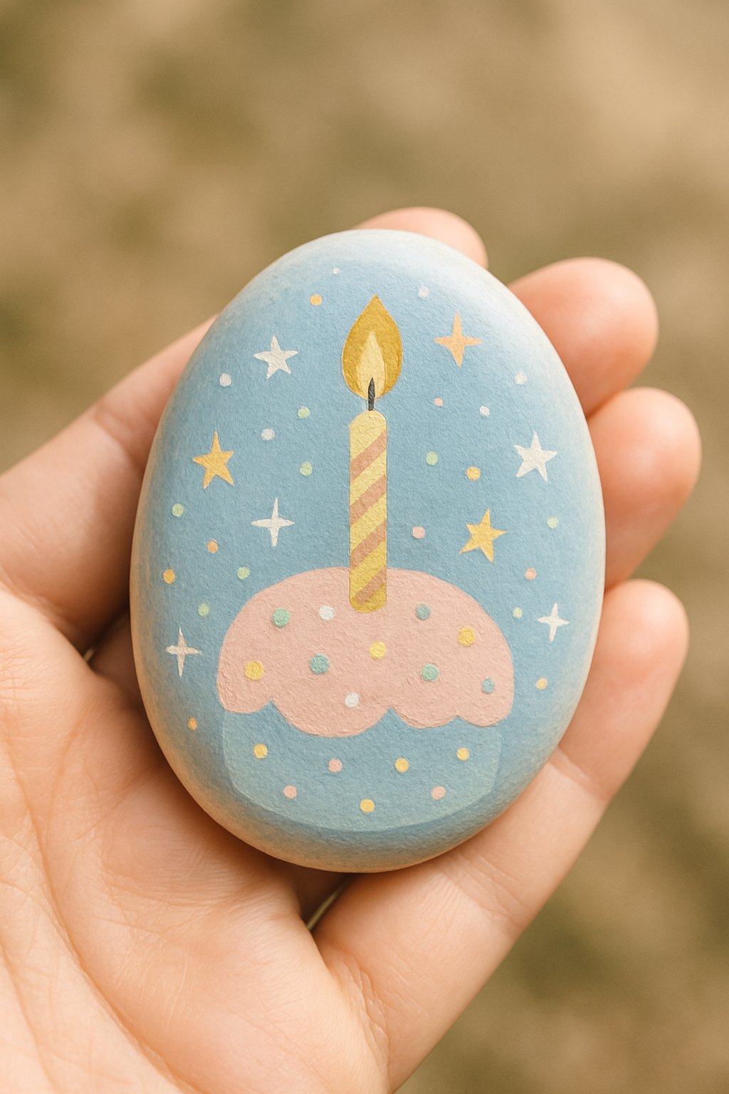 A hand holding a smooth painted river rock with a simple birthday-themed design.