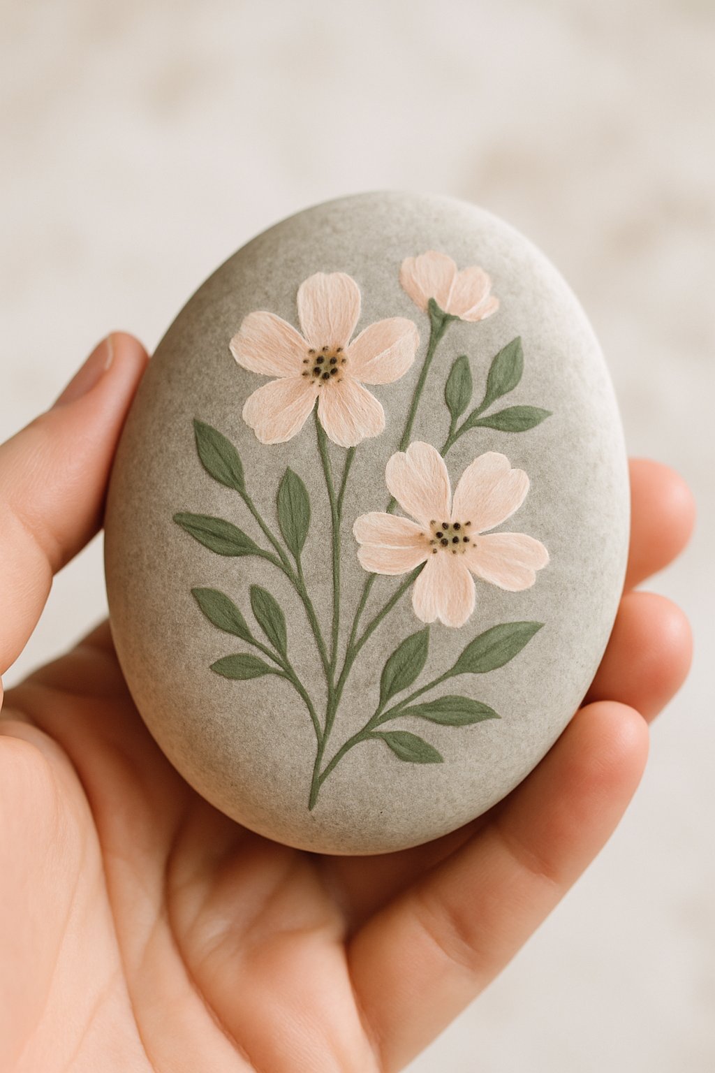 A hand holding a smooth river rock painted with a simple floral pattern.