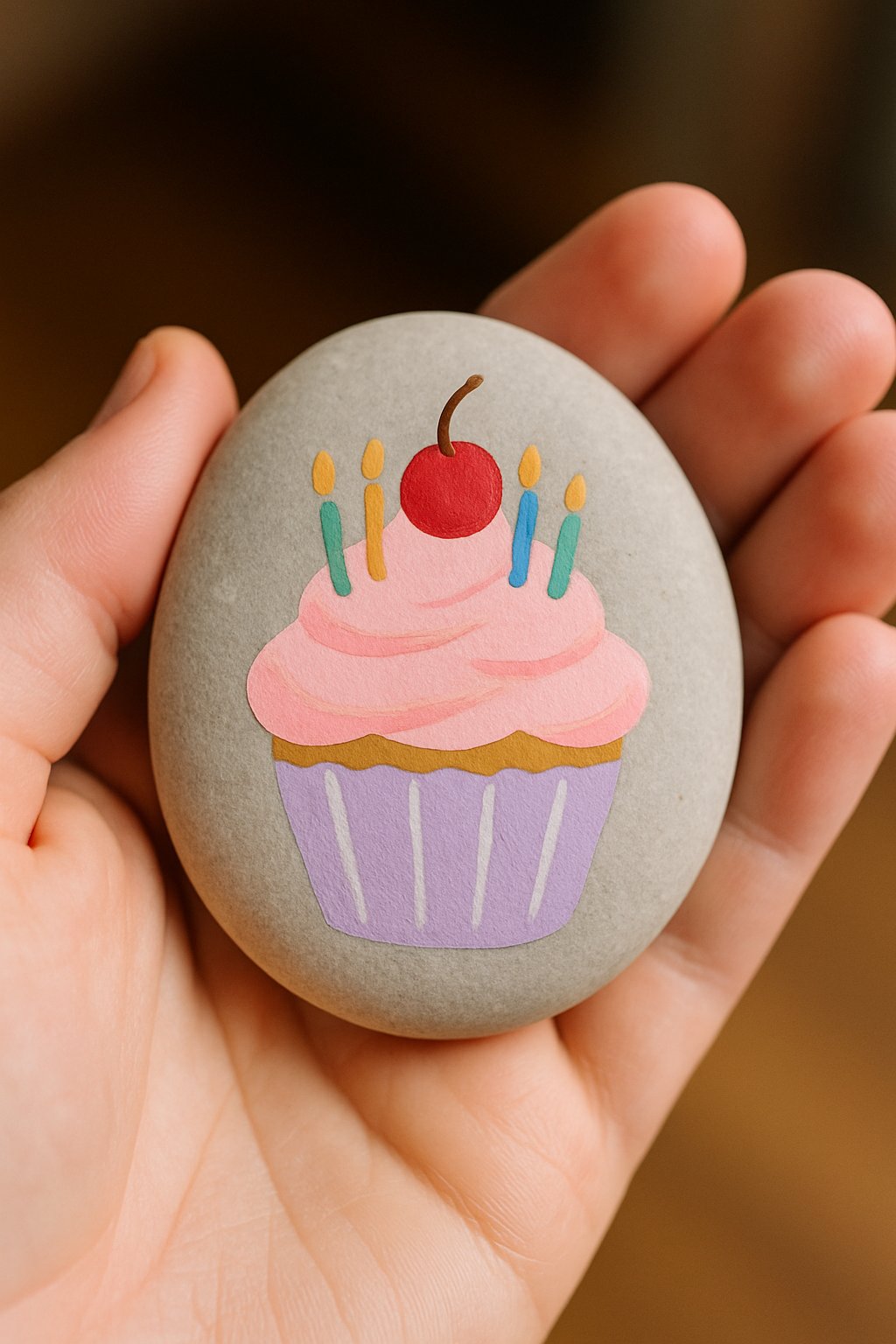A hand holding a smooth river rock painted with a birthday cupcake design topped with a cherry.