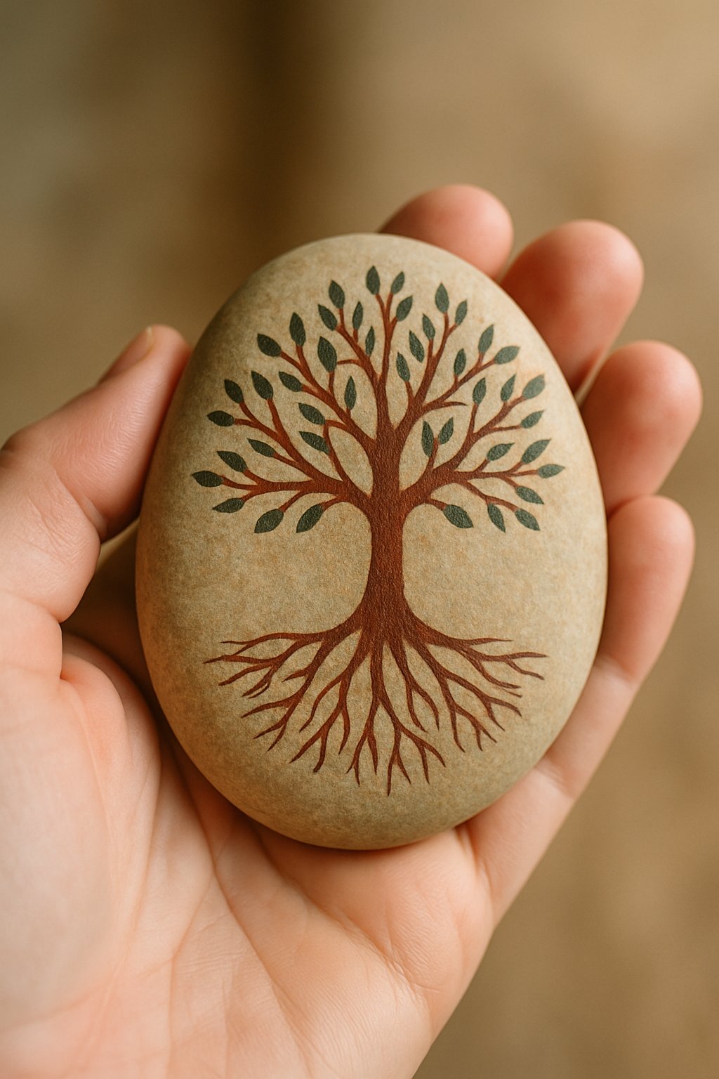 A hand holding a smooth river rock painted with a tree and roots design.