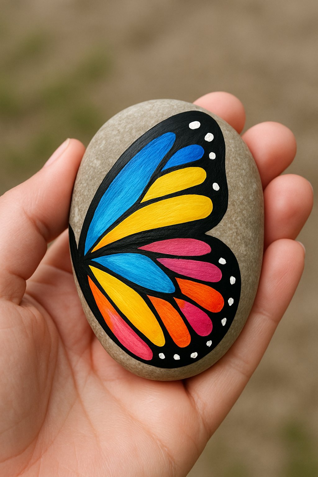 A hand holding a smooth river rock painted with colorful butterfly wings.