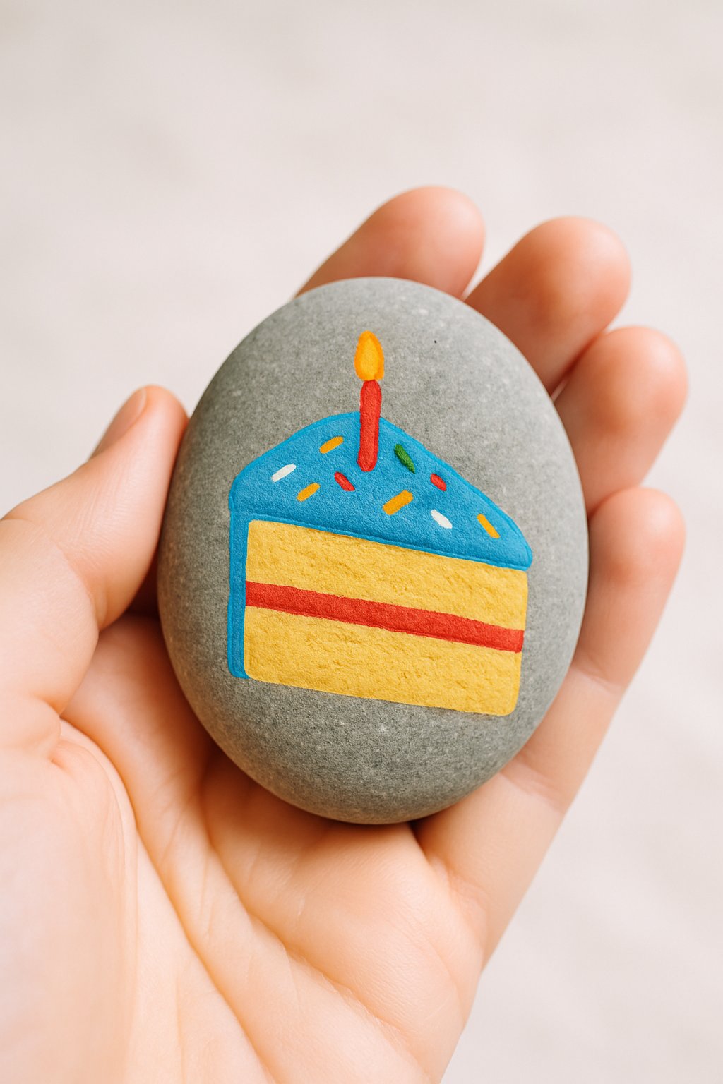 A hand holding a smooth river rock painted with a birthday cake slice design with sprinkles.
