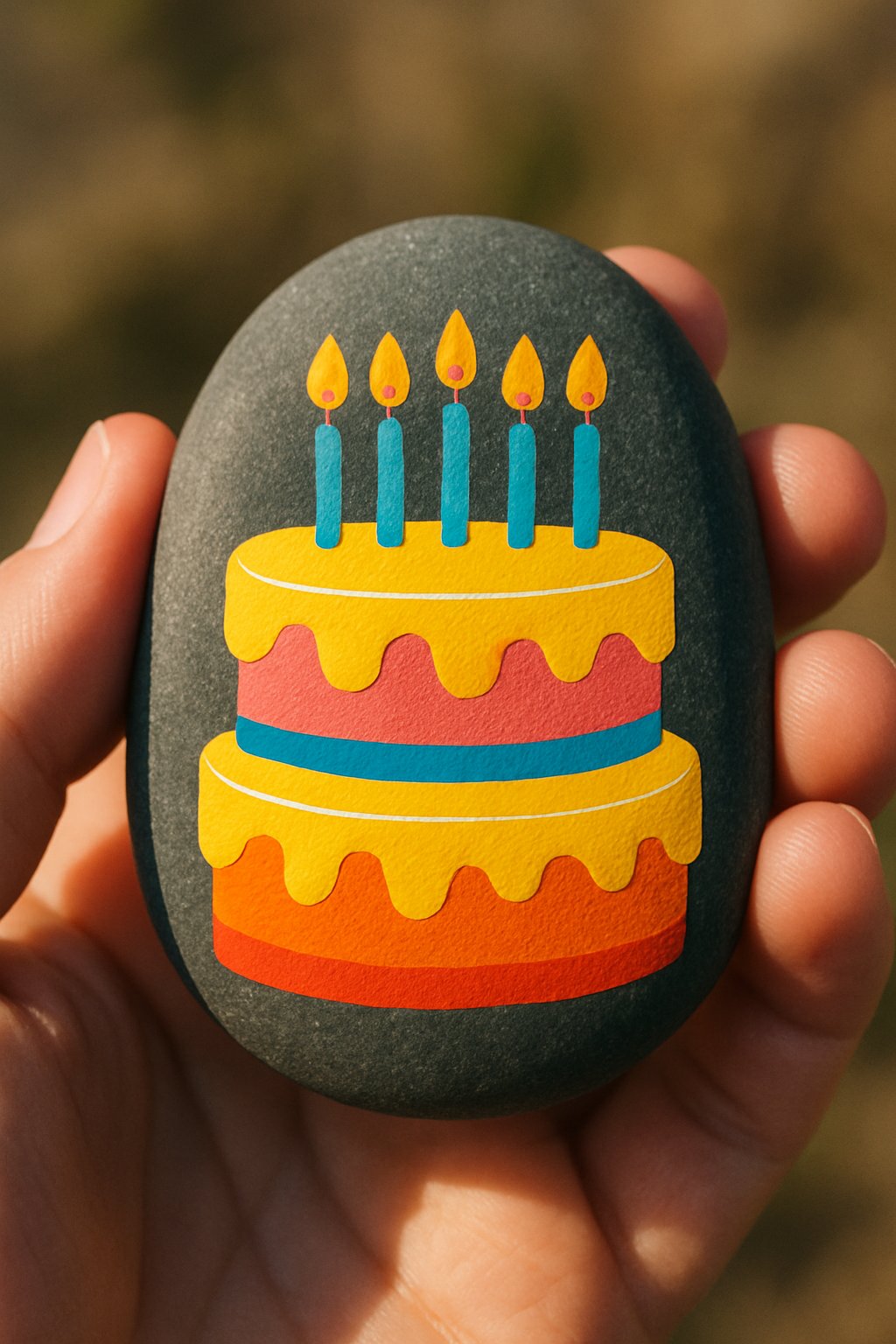 A hand holding a smooth river rock painted with a layered birthday cake and candles.