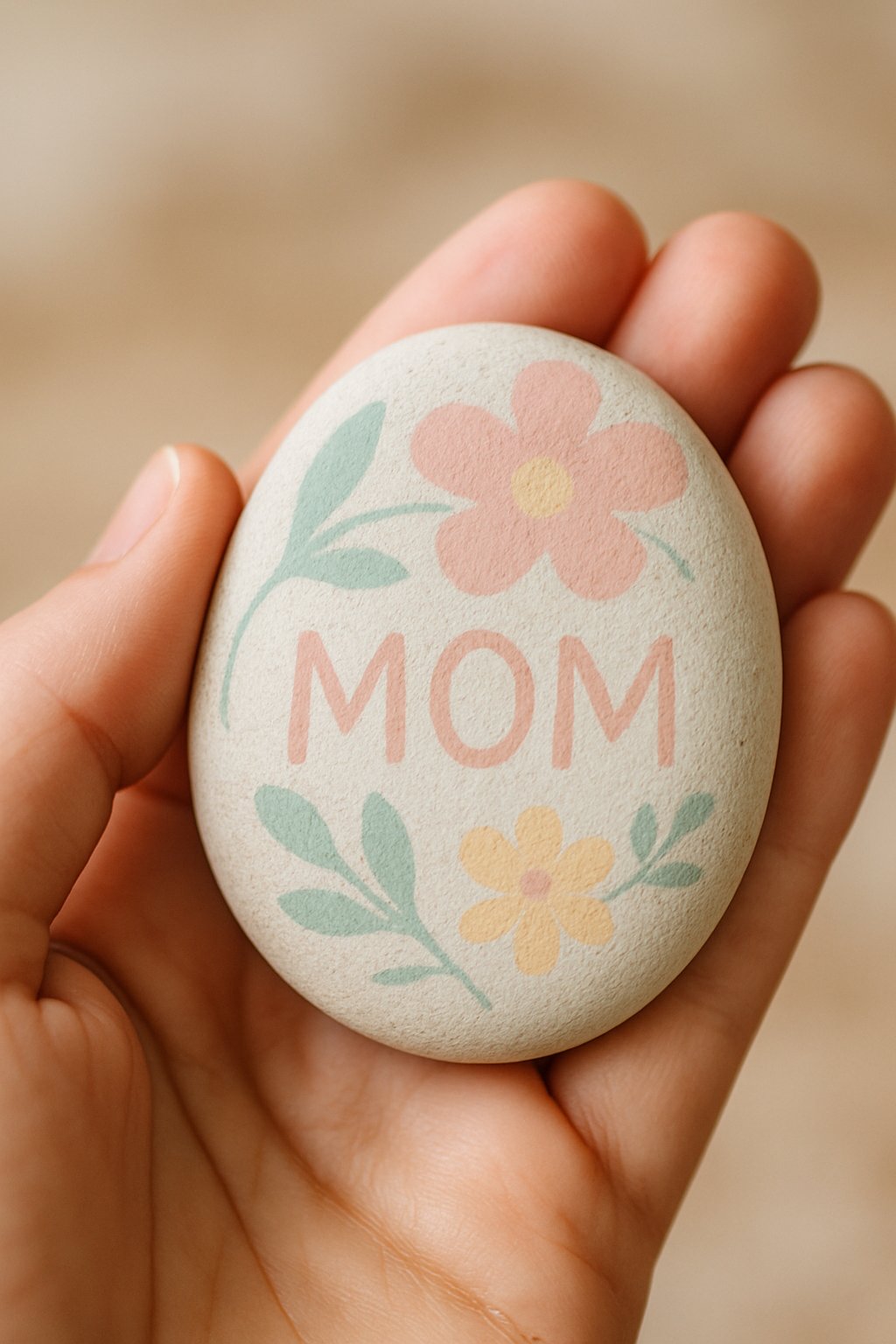 A hand holding a smooth painted river rock with a simple pastel design.