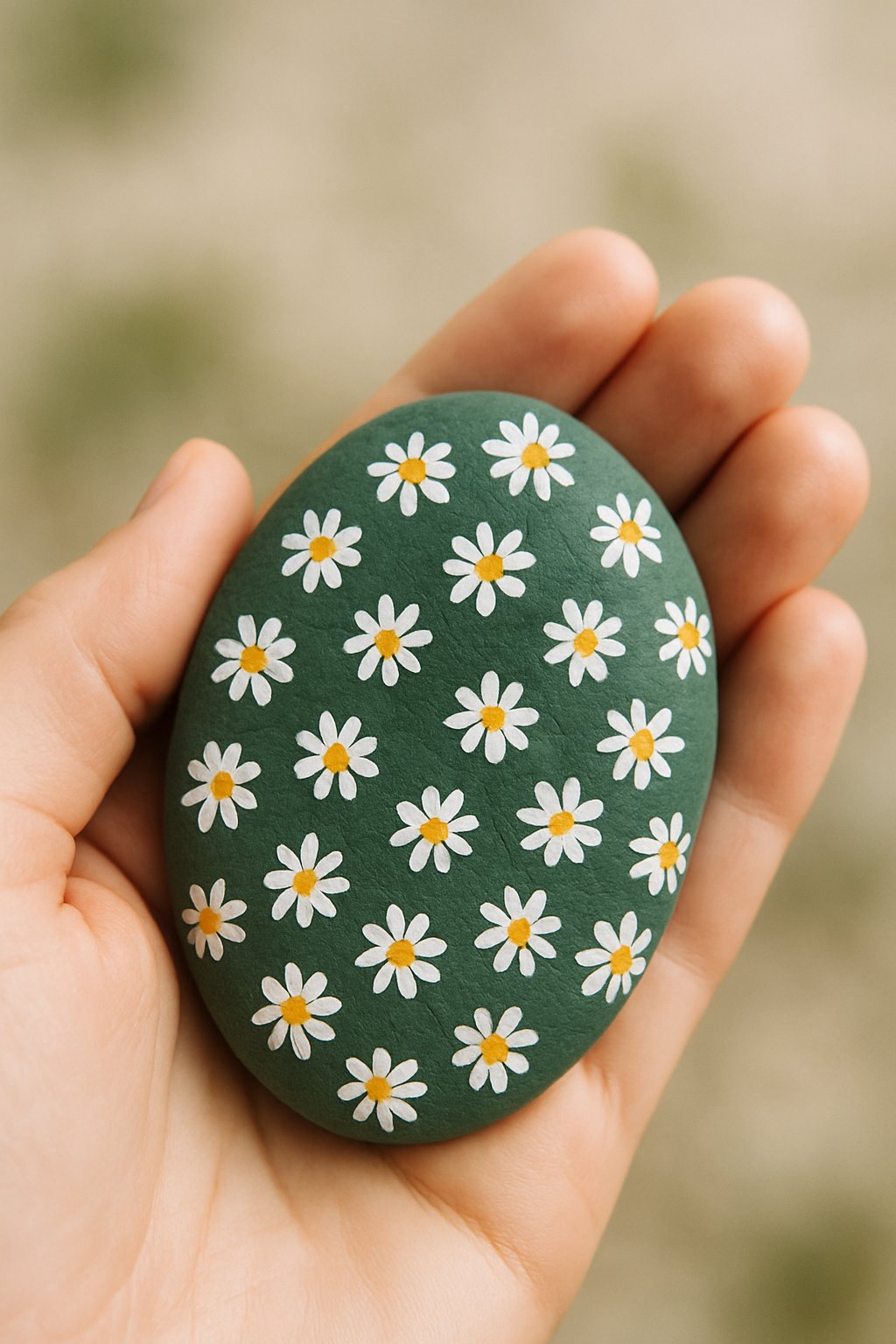 A hand holding a smooth river rock painted with small white daisies.