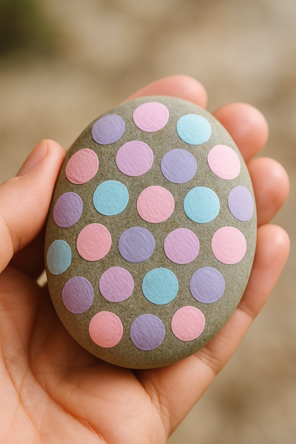 A hand holding a smooth river rock painted with colorful polka dots.