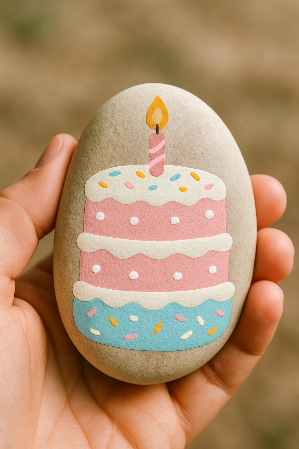 A hand holding a smooth river rock painted to look like a layered birthday cake.