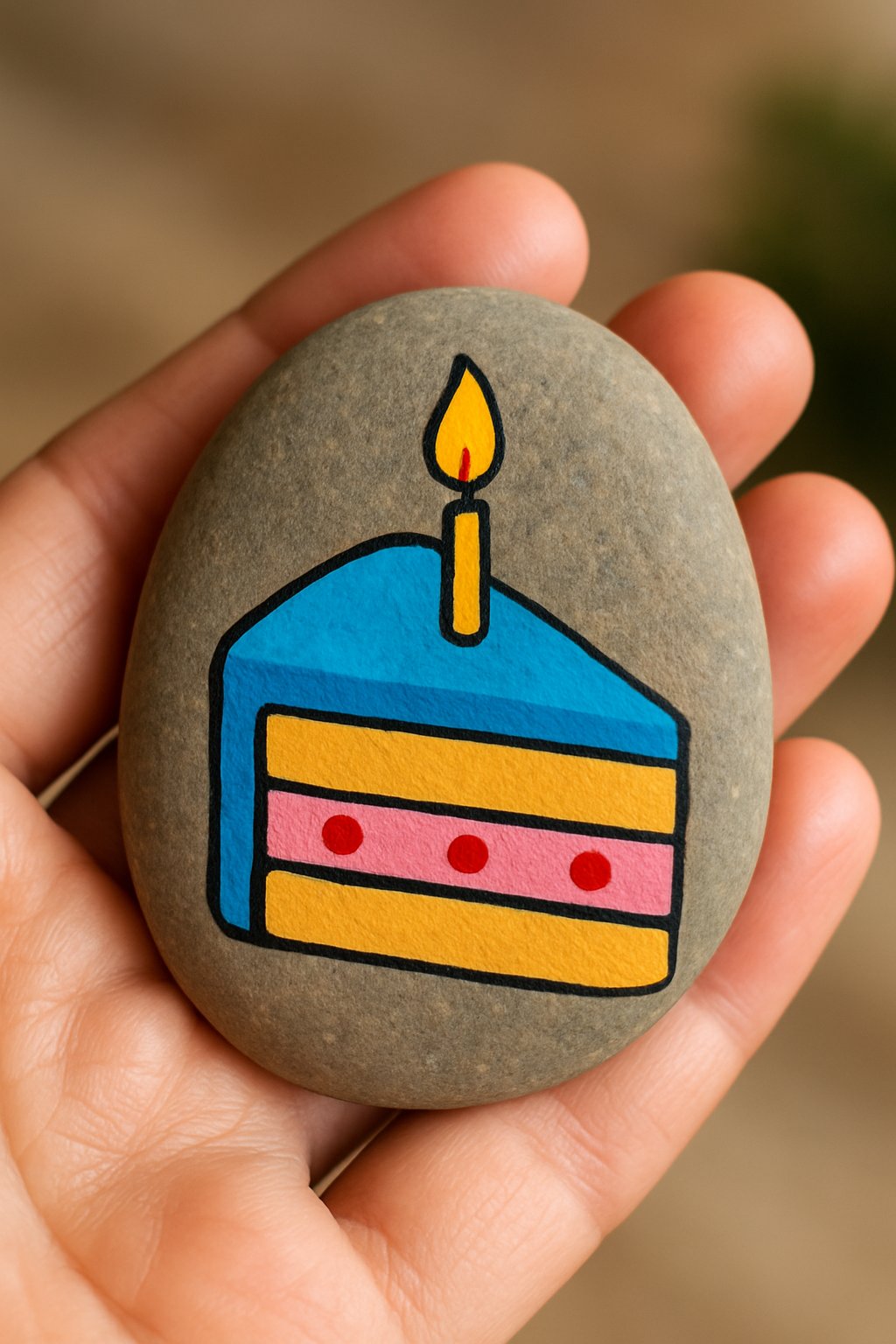 A hand holding a smooth river rock painted with a birthday cake slice and candle.
