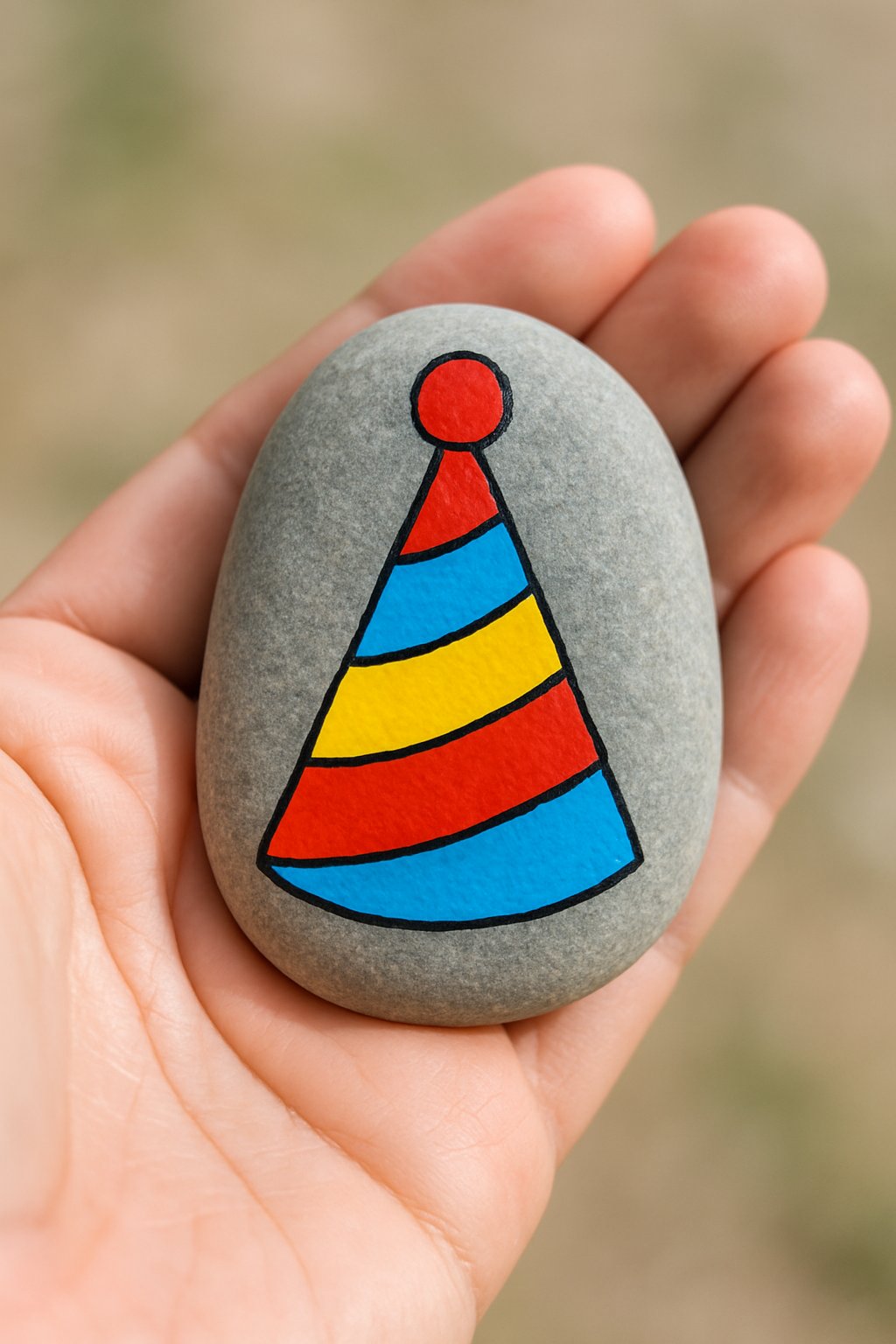A hand holding a smooth river rock painted with a striped party hat design.