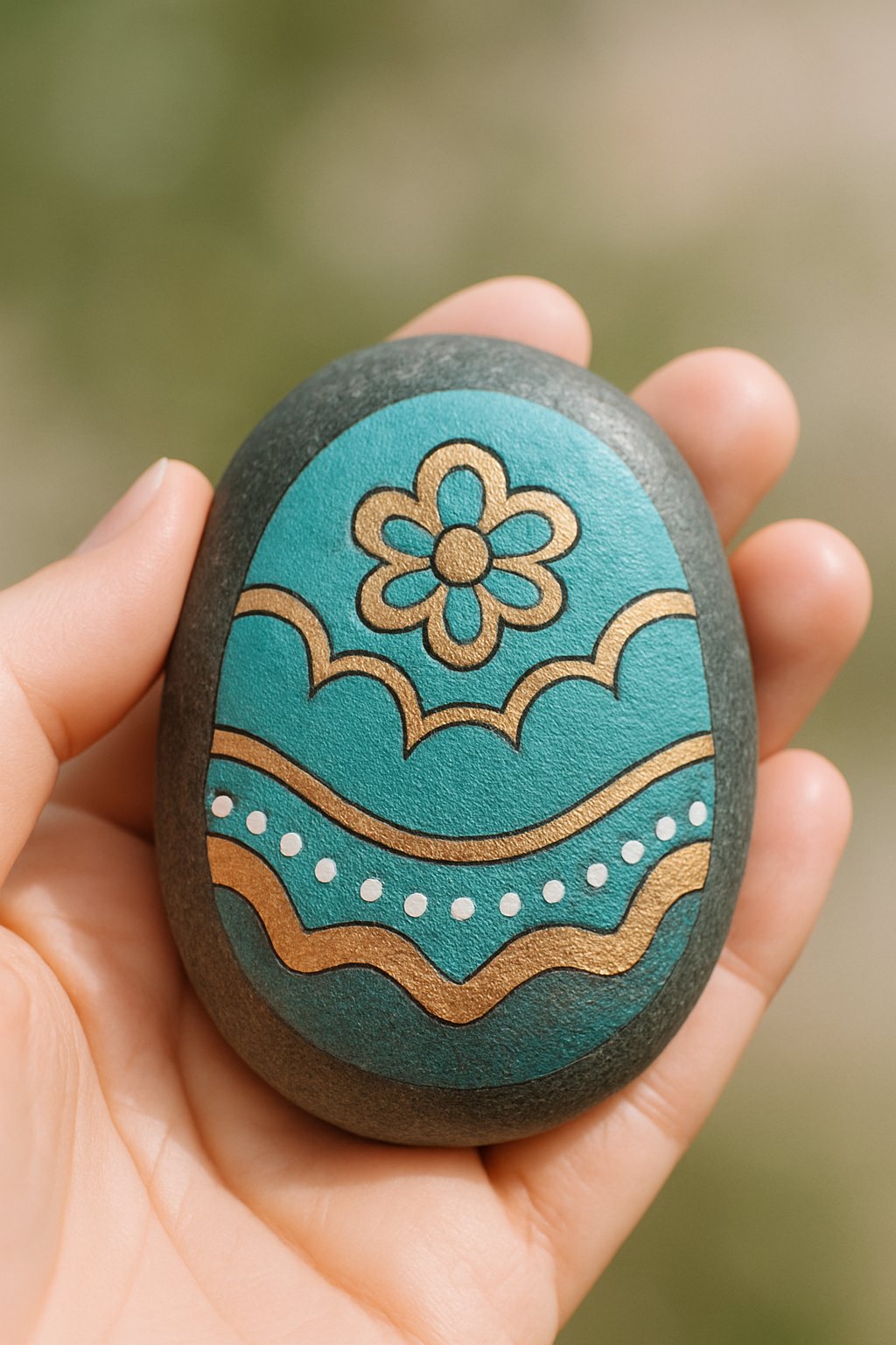 A hand holding a smooth painted river rock with metallic accents in natural light.
