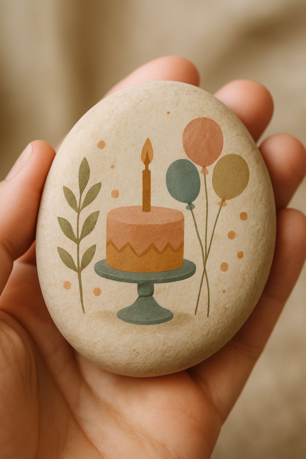 A hand holding a smooth painted river rock with a simple decorative design.