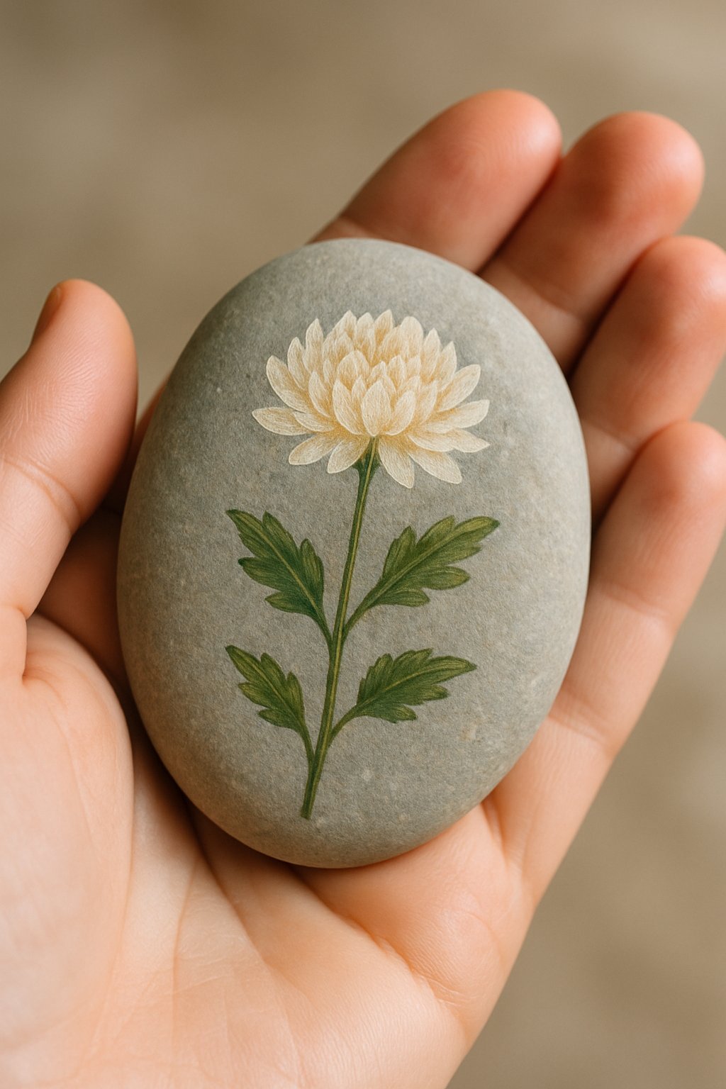 A hand holding a smooth river rock painted with a simple flower design.