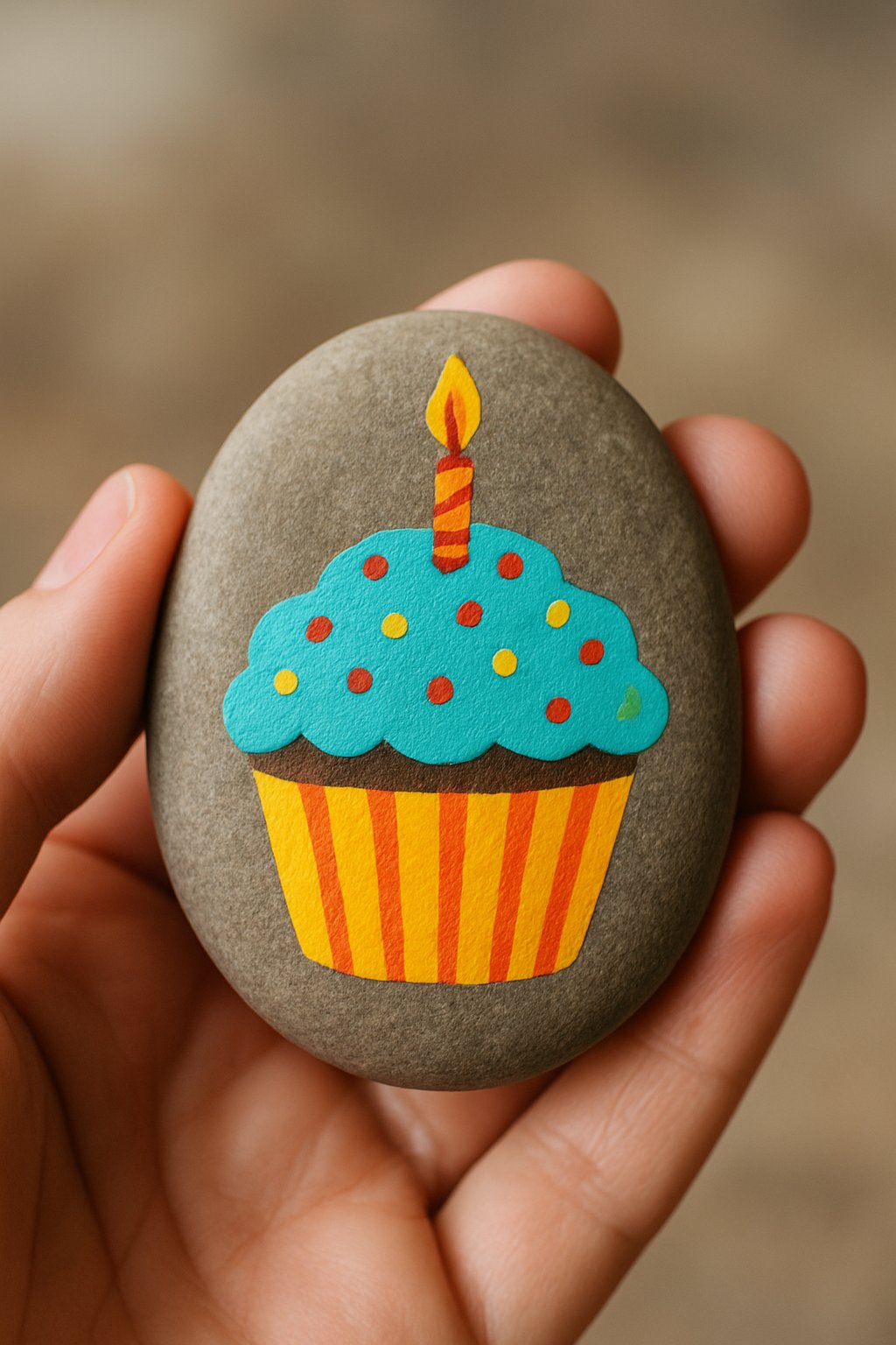 A hand holding a smooth river rock painted with a colorful birthday cupcake design.