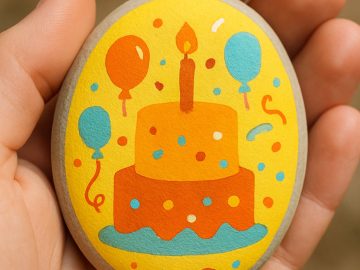 A hand holds a round stone painted with a birthday cake, lit candle, balloons, and colorful confetti on a yellow background.