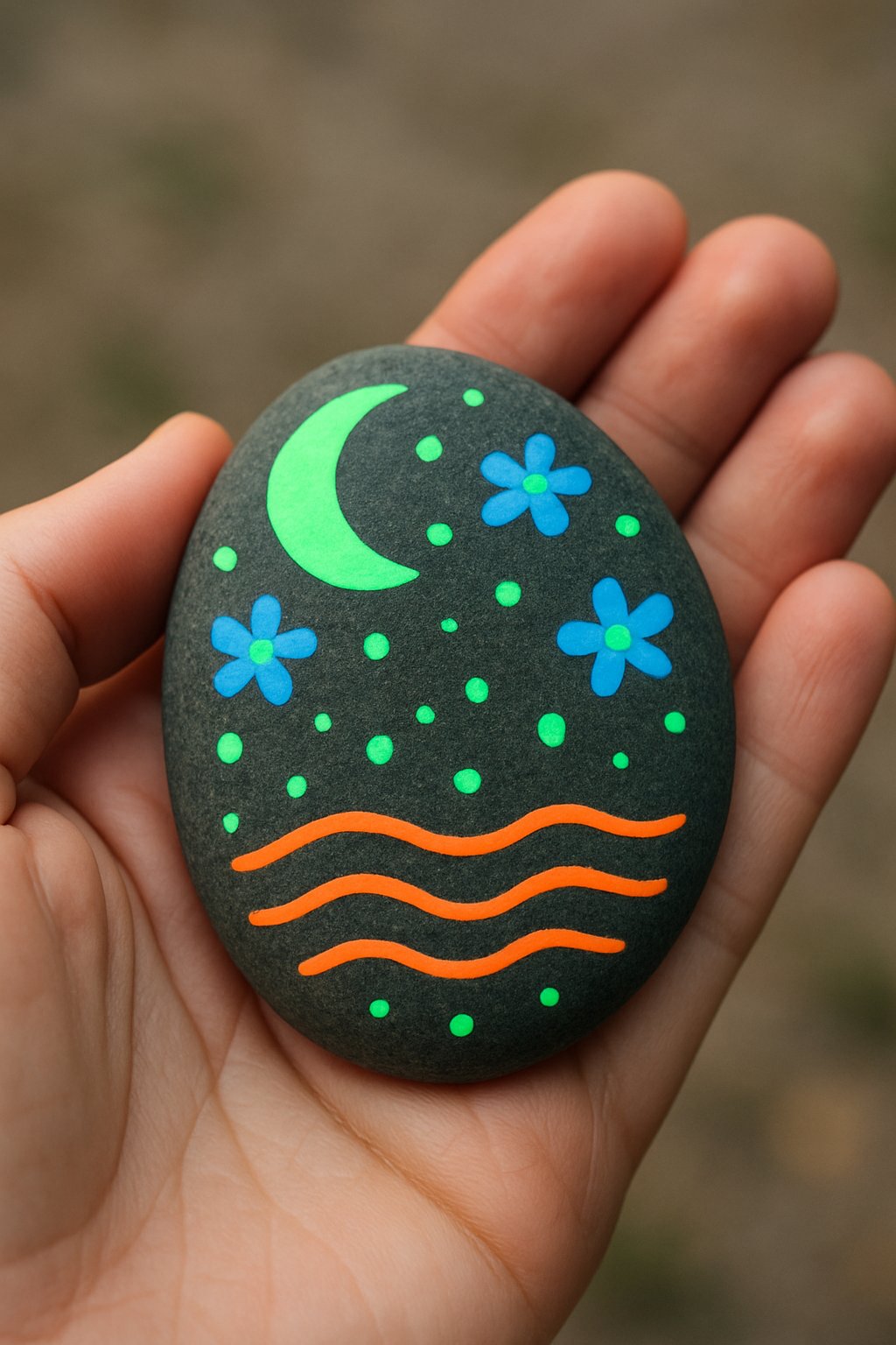 A hand holding a smooth river rock painted with colorful designs.
