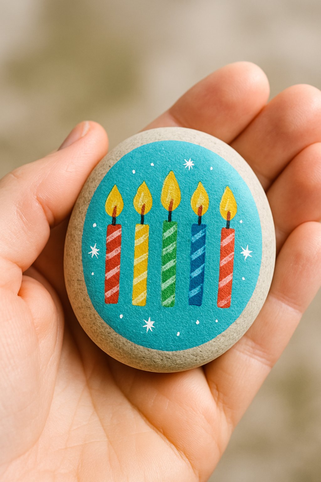 A hand holding a smooth river rock painted with colorful birthday candle designs.