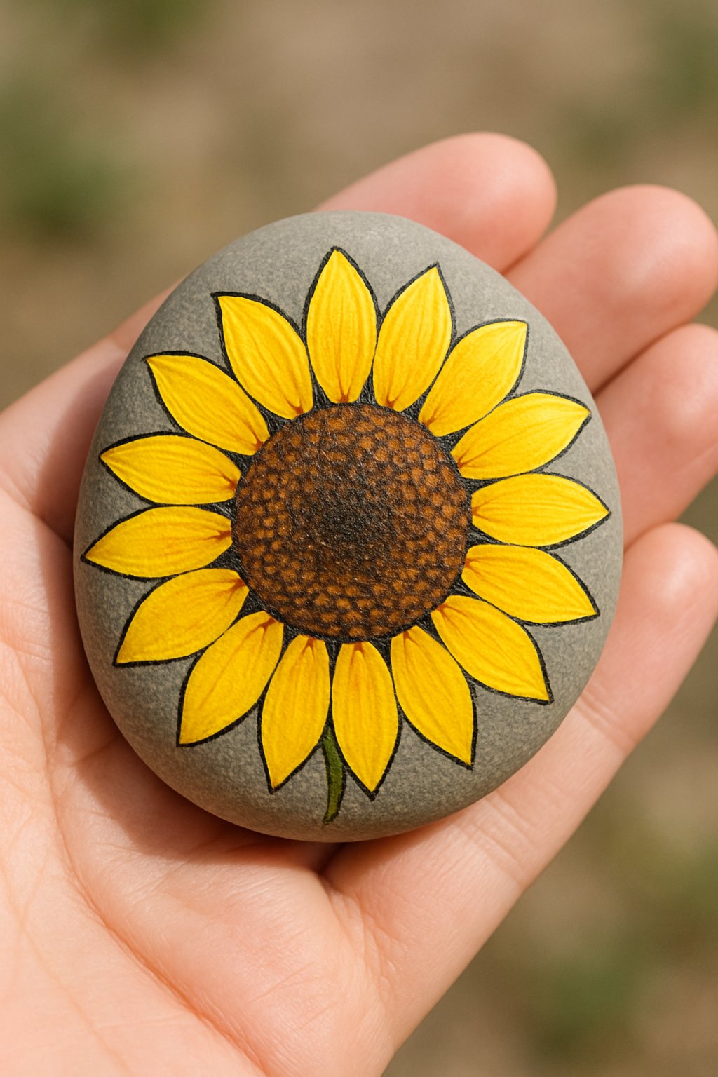 A hand holding a smooth river rock painted with a sunflower design.