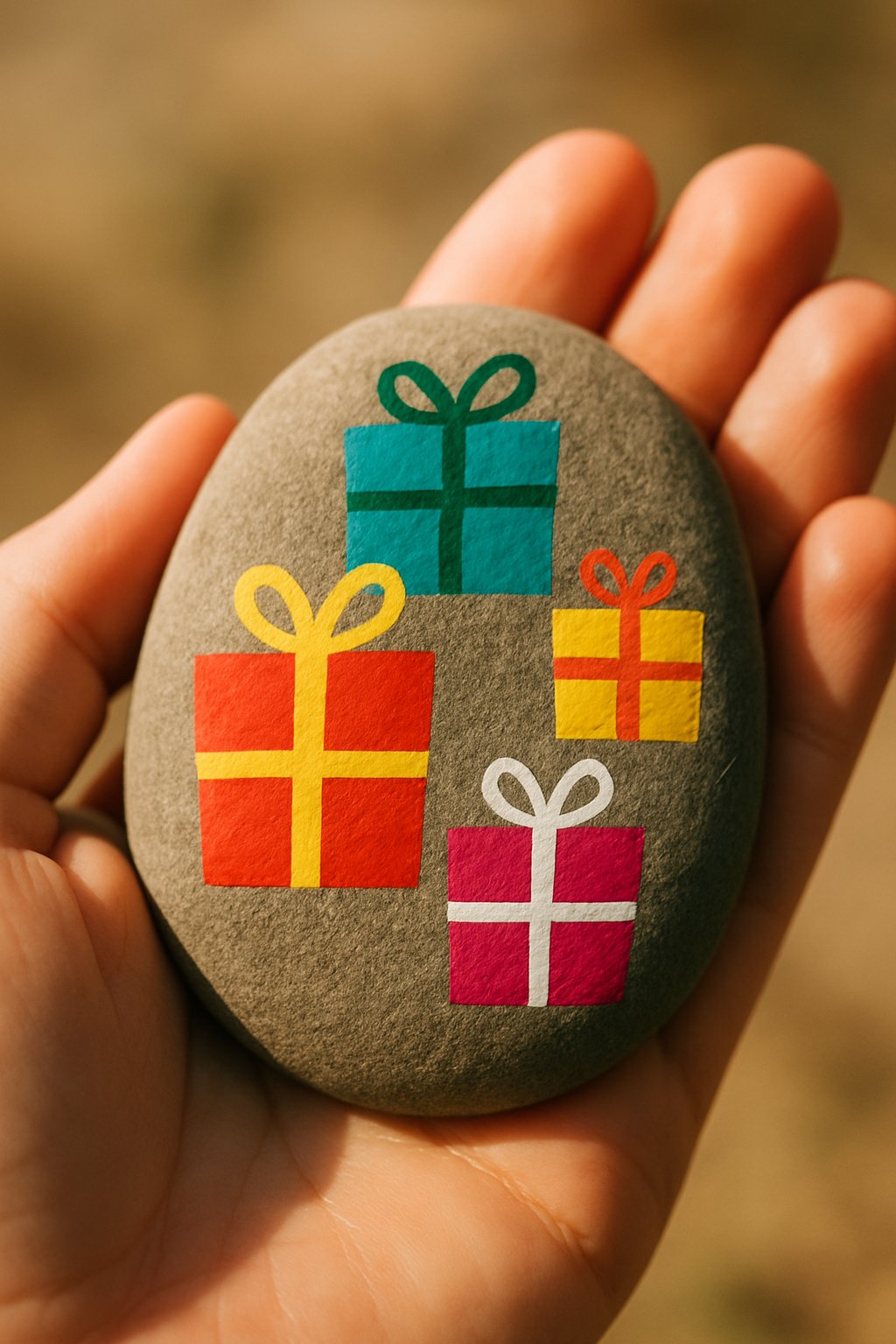 A hand holding a smooth river rock painted with colorful birthday gift designs.