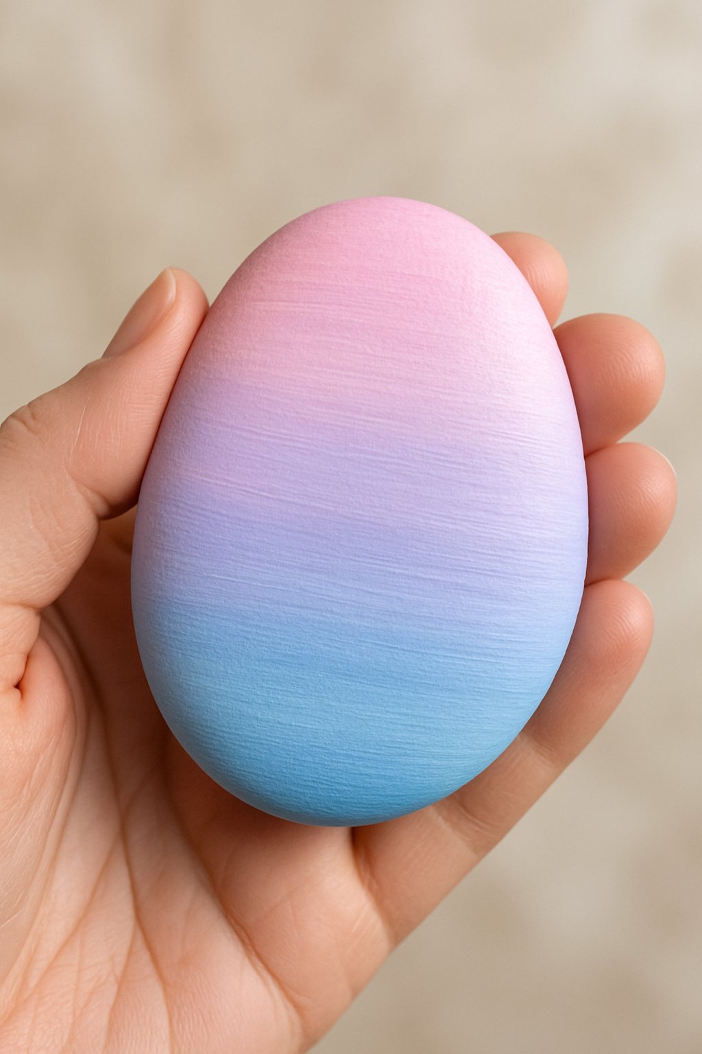 A hand holding a smooth river rock painted with a gradient of colors from light to dark.