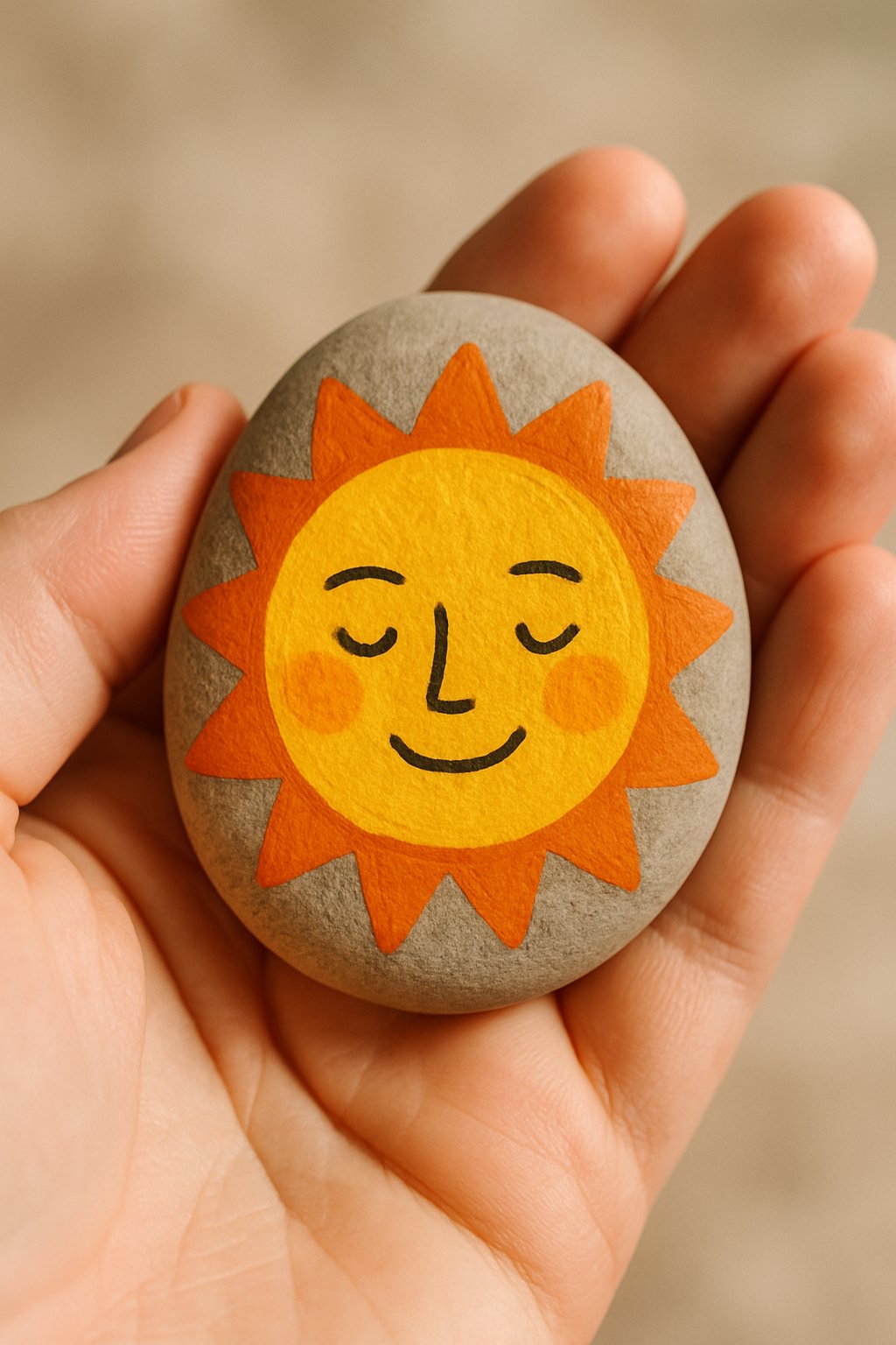 A hand holding a smooth river rock painted with a smiling sun face.