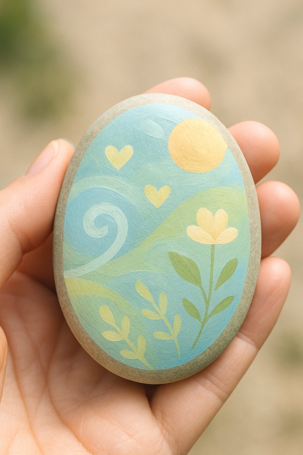 A hand holding a smooth painted river rock with a simple decorative design.
