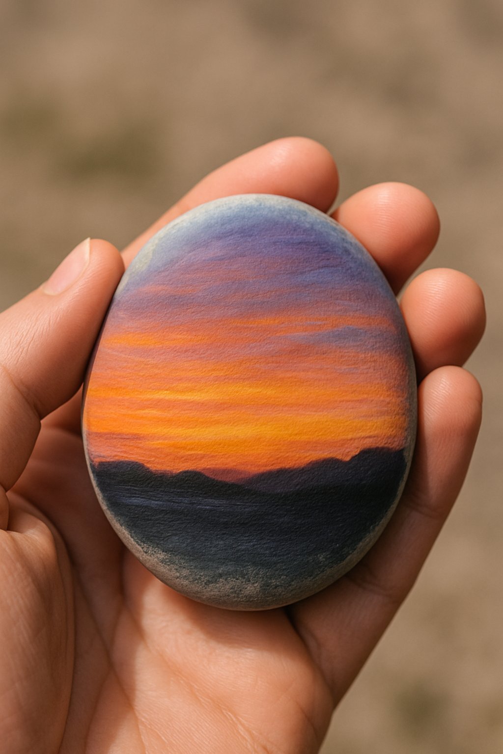 A hand holding a smooth river rock painted with a peaceful sunset scene.