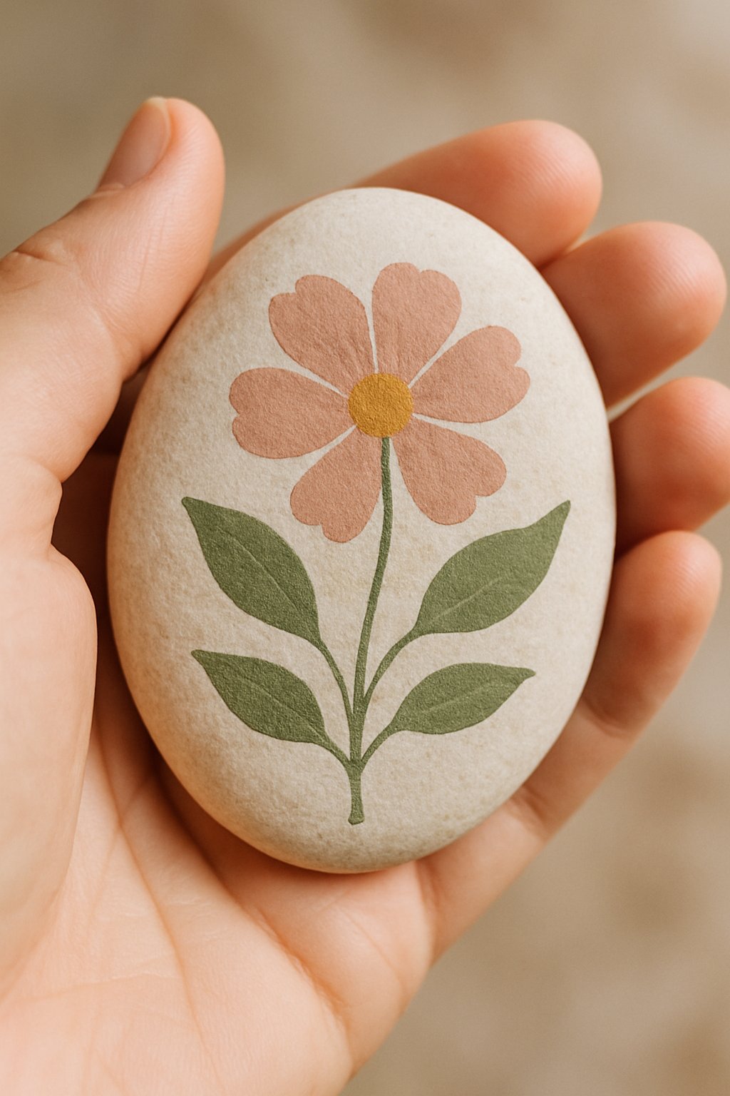A hand holding a smooth river rock painted with a simple floral design.