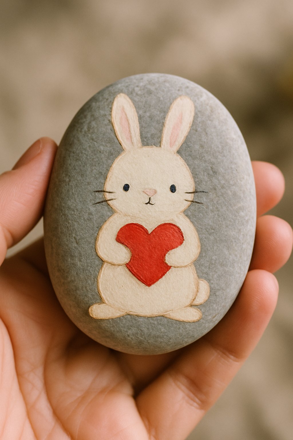 A hand holding a smooth river rock painted with a cute bunny holding a heart.