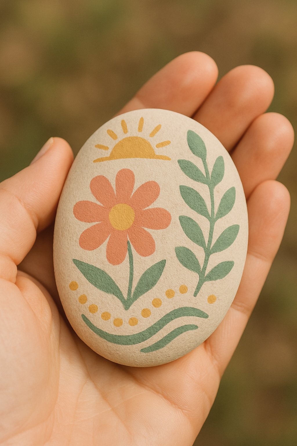 A hand holding a smooth painted river rock with a simple decorative design.