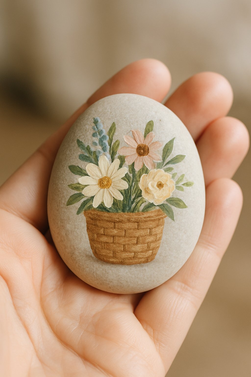 A hand holding a smooth river rock painted with a basket of fresh flowers.