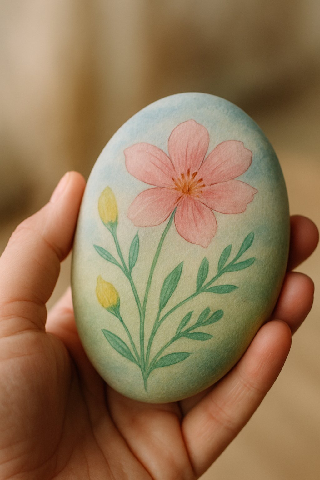 A hand holding a smooth river rock painted with simple floral designs.
