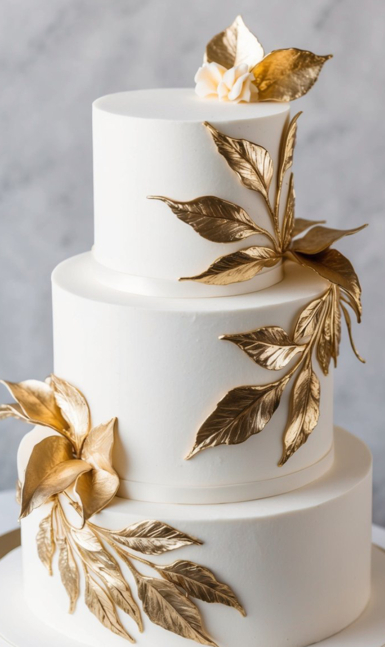 A white cake with gold leaves.