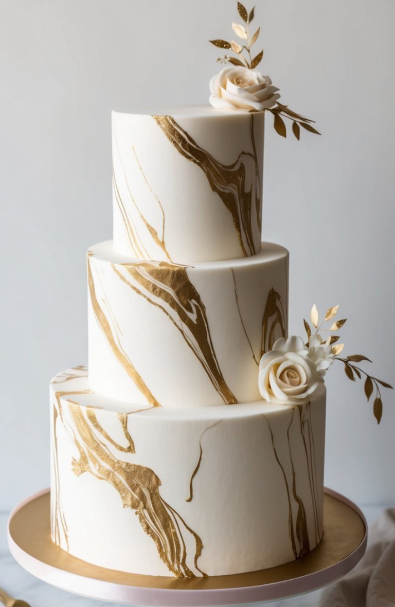 Three-tiered white cake with elegant gold marbled patterns, decorated with white sugar roses and gold leaves, displayed on a gold cake board against a neutral background.
