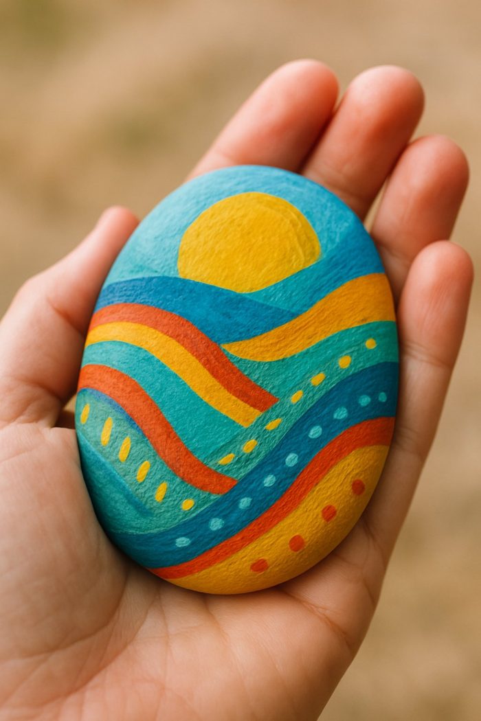 A hand holding a smooth stone painted with a bright sun, waves, and colorful curving lines in blue, orange, yellow, and red tones.