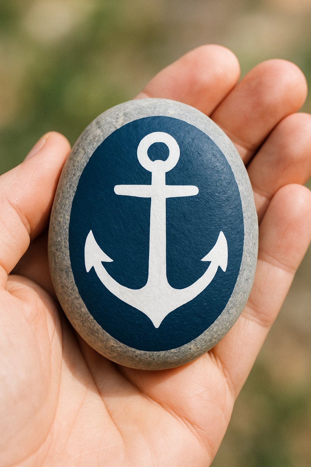 A hand holds a smooth stone painted with a white anchor symbol on a dark blue oval background.